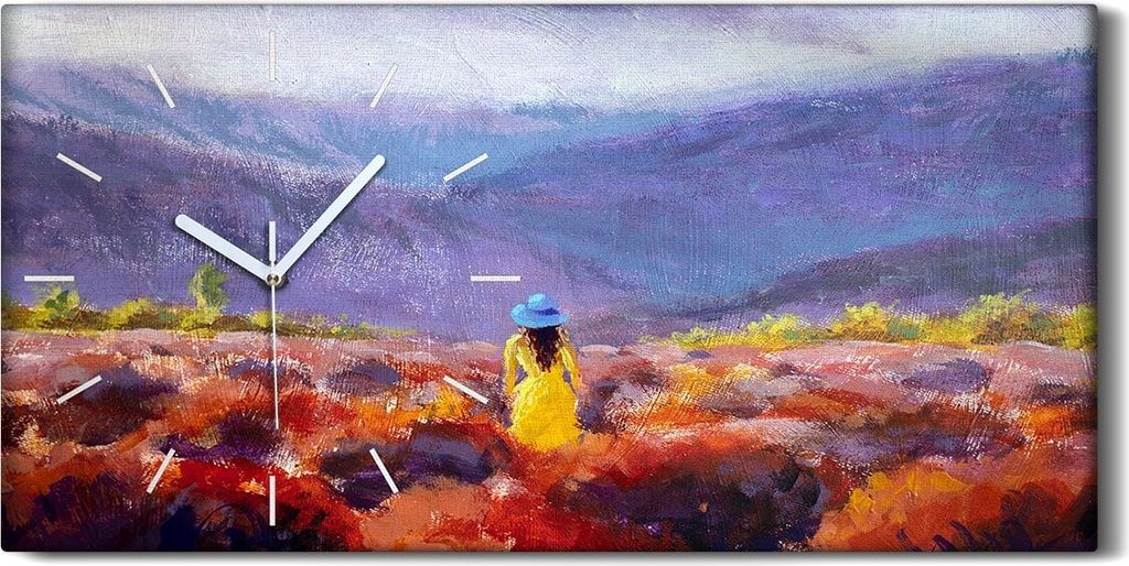 Wohnzimmer-Bild Leinwand Uhr Geräuschlos 60x30 Gemälde Landschaft Wiese Berge - weiße Hände