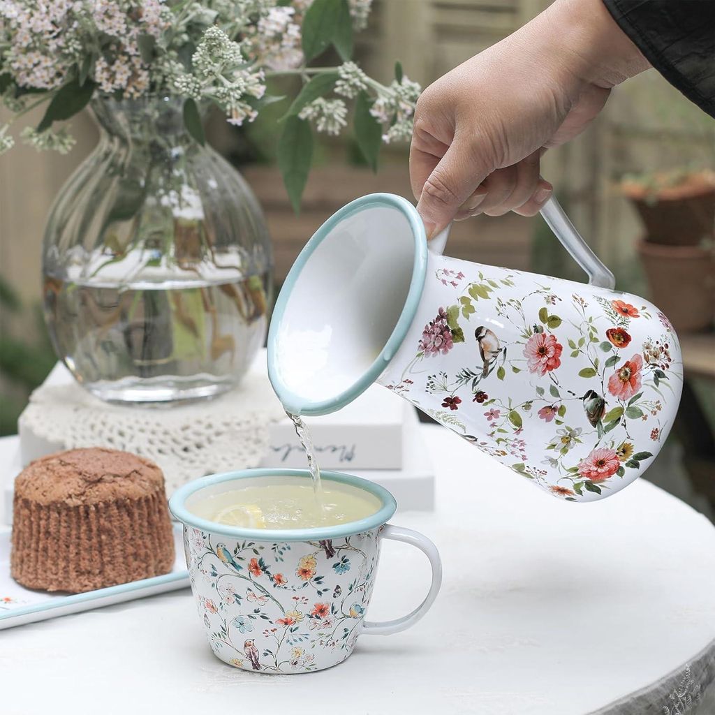 Emaillekan Kleine Vasen Vintage Metallene Blumenvasen Milchkan Vasen Blumen und Vögel für Blumen Rustikale Vase Kleine Rustikale Vasen Blumenkanne