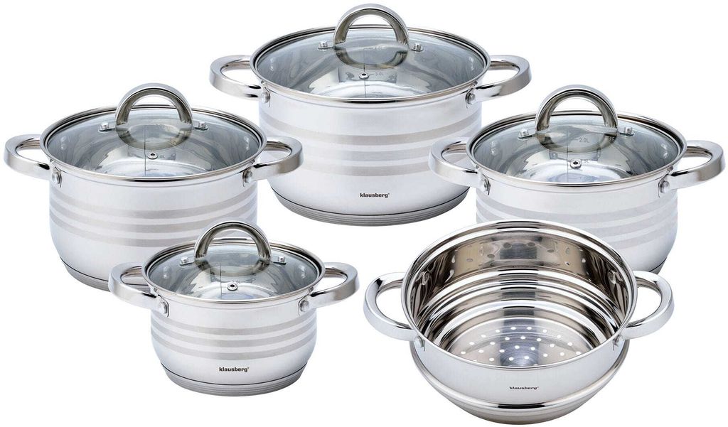 A set of stainless steel pots with glass lids, arranged on a white background.