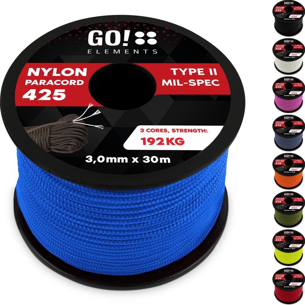 GO!elements 30m Paracord Seil aus reißfestem Nylon - 3mm Paracord 425 Typ II max. 192kg - Schnüre als Outdoor Seil, Allzweckseil, Survival Seil, ...