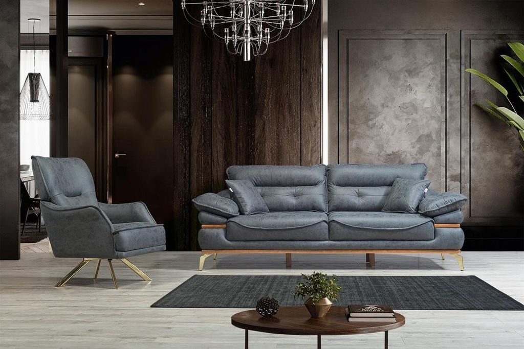 Grauer Designer Dreisitzer Wohnzimmer Sofa 3-Sitzer Couch Edelstahlfüße