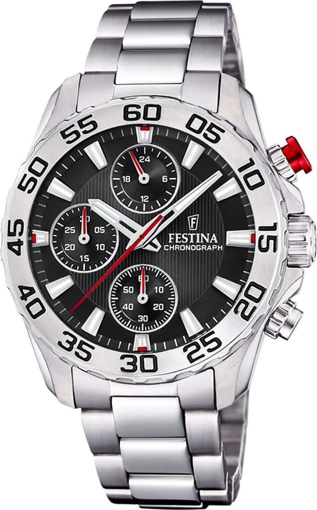 A close-up studio shot of a Festina chronograph watch.
