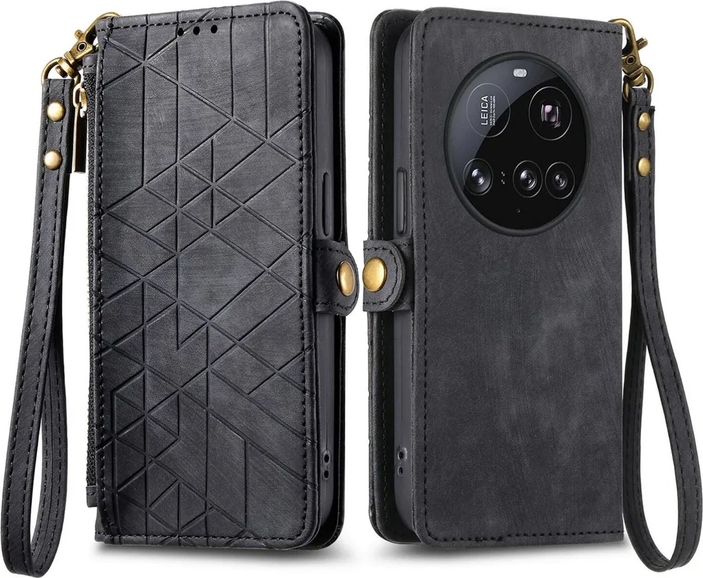 Custodia Libro Xiaomi 15 Ultra Similpelle Nera Geometrica con Zip