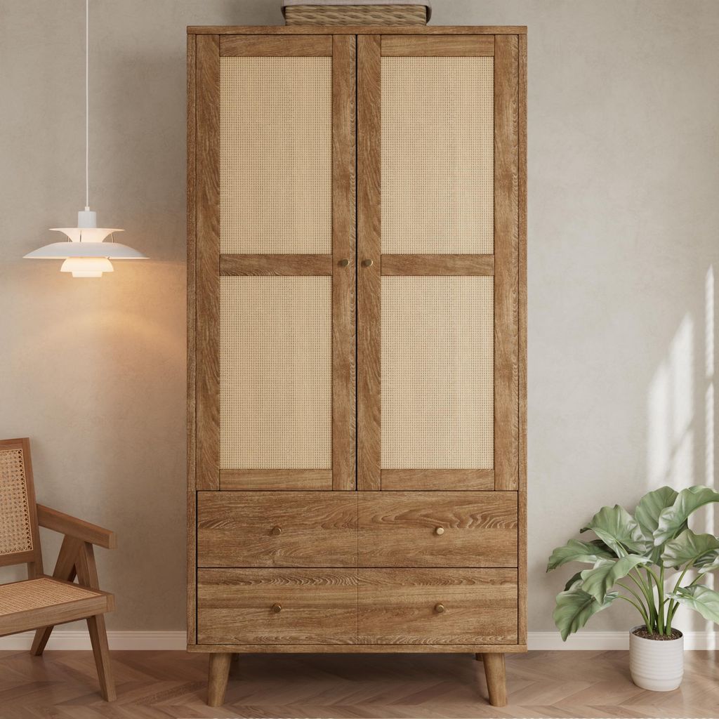 Kledingkast met rattanlook, 80x50x180 cm, gemaakt van MDF Productafbeelding 