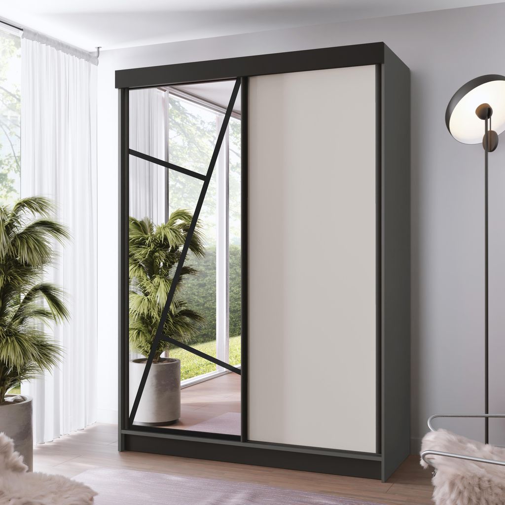 FurMeb24 Schiebetürenschrank LOE 138x205x59 cm Kleiderschrank mit Spiegel, 2-türiger Schiebeschrank (ANTHRAZIT/KASCHMIR)