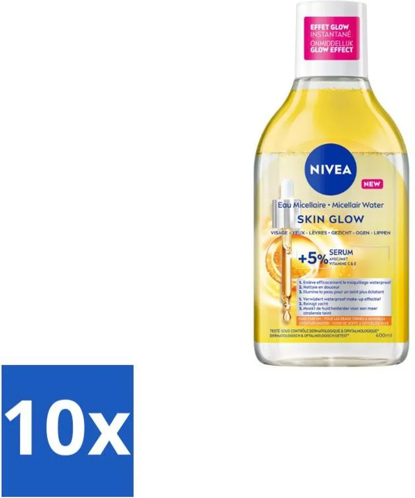 Stock 10x NIVEA Acqua Micellare Siero Skin Glow 400ml - Efficacia Waterproof