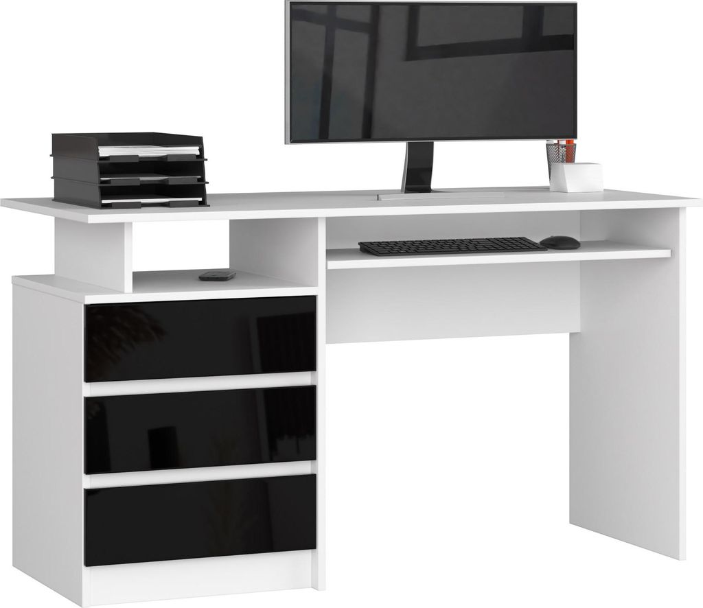 Moderner Schreibtisch 135 cm Weiß und Schwarz Hochglanz mit drei Schubladen und ausziehbarer Tastaturablage
