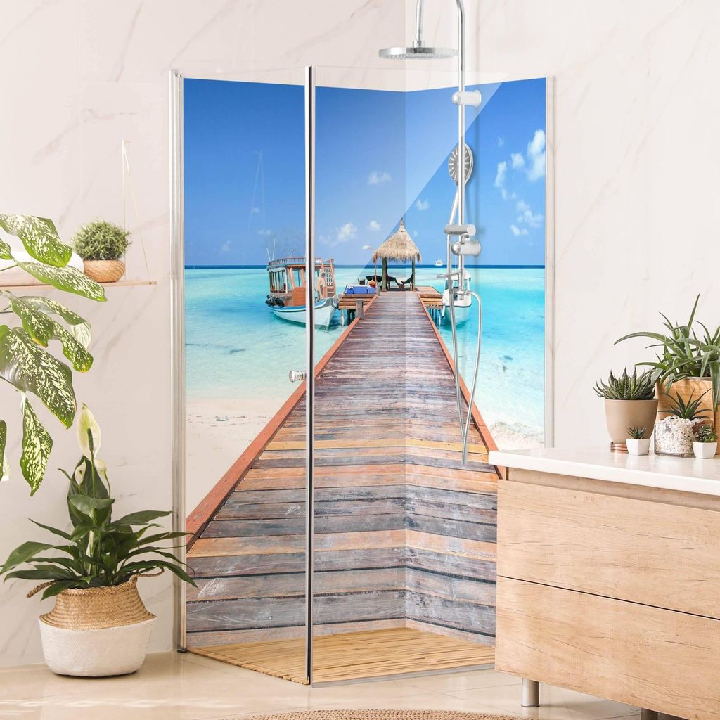 Duschrückwand Strand selbstklebend - 0.61 mm Wandpaneel wasserfest Steg blau 3D-Effekt Maritim Badrückwand fugenlos Premium matt 110x200 cm