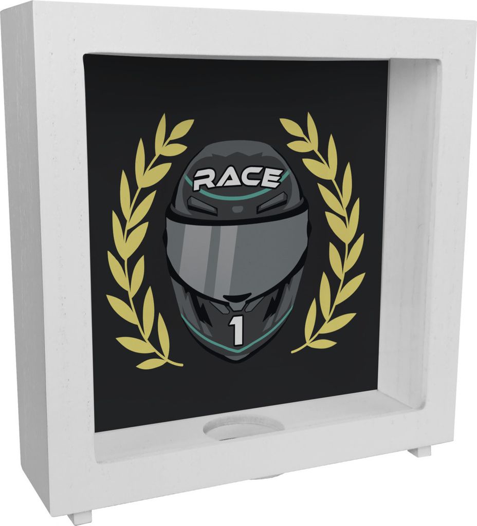 Motorsport-Helm Rahmen Spardose aus Holz in Schwarz-Silber mit Siegerkranz