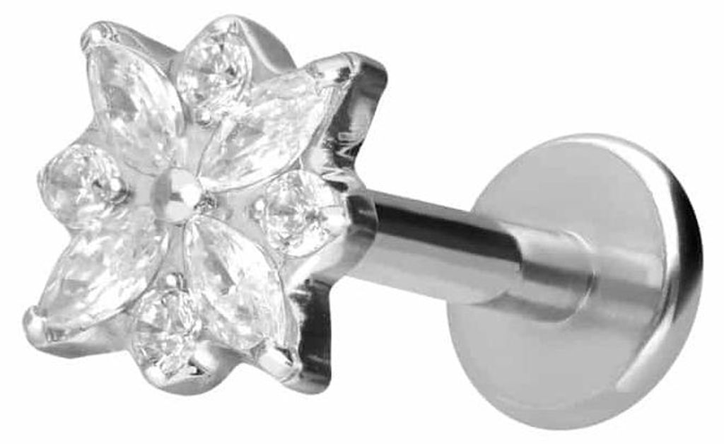 Ohrpiercing, Nasenpiercing Titan Labret mit Innengewinde KRISTALLBLUME Silber Stablänge: 6mm | Stabstärke: 1,6mm