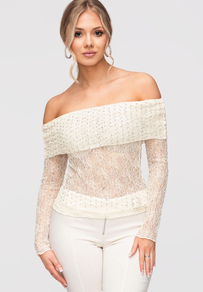 LARICA Bluse Spanischer Ausschnitt Figurbetont Elegant OW-TS-E0038 ecru S/M