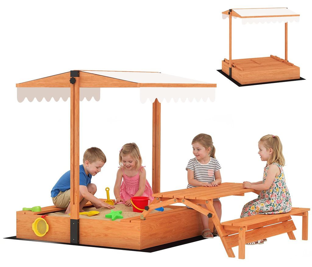 AIYAPLAY Sandkasten mit Dach Sandkiste mit klappbarem Picknicktisch Sitzbänken