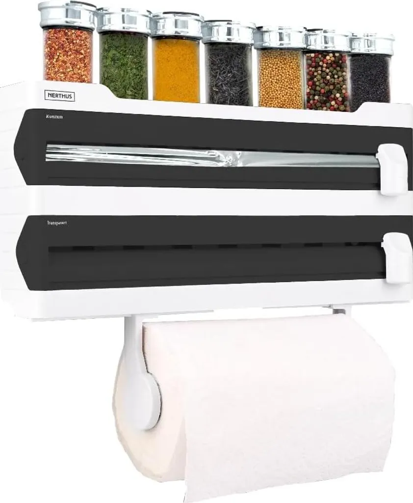 Rangement mural cuisine pour 3 rouleaux et épices en aluminium brossé