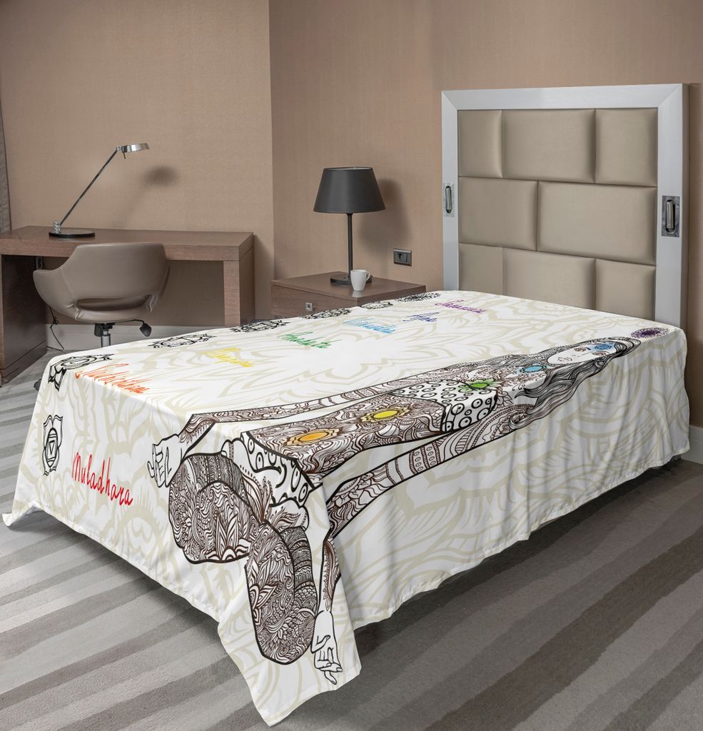 ABAKUHAUS Chakra Bettlaken, Skizzieren Sie Bild des Yoga, das Mädchen in Frieden mit altem Design-Entspannungs-Ritual der Stellen geworfen wird, w...