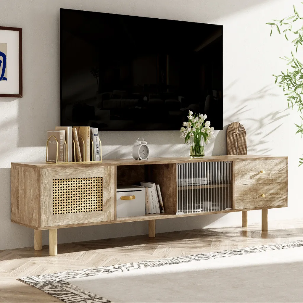 AIORBER Meuble TV en Rotin avec Portes Coulissantes en Verre - 172cm