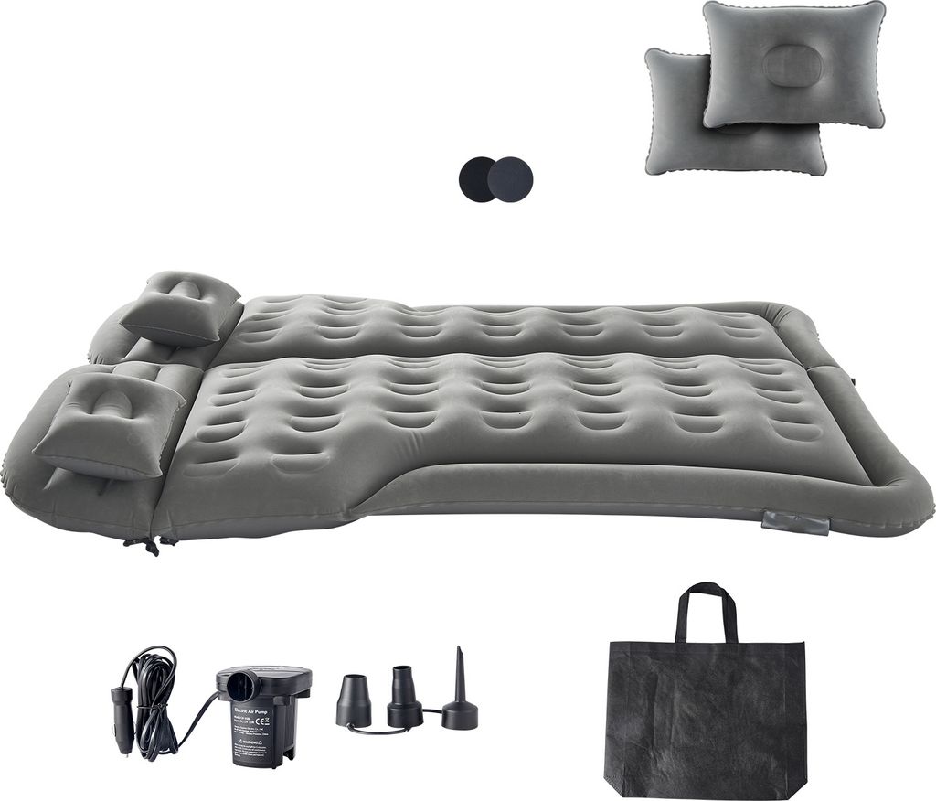 An inflatable car air mattress and its accessories are displayed against a white background.
