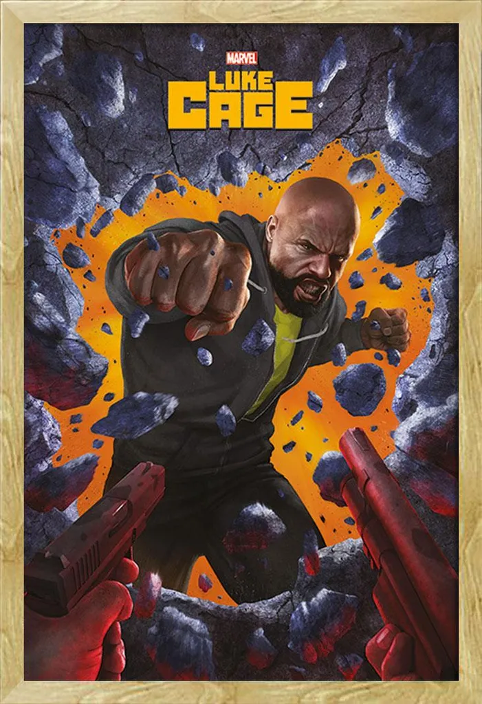 Poster Luke Cage Wall Break avec Cadre Maxi MDF Hêtre Shinsuke 61x91,5 cm