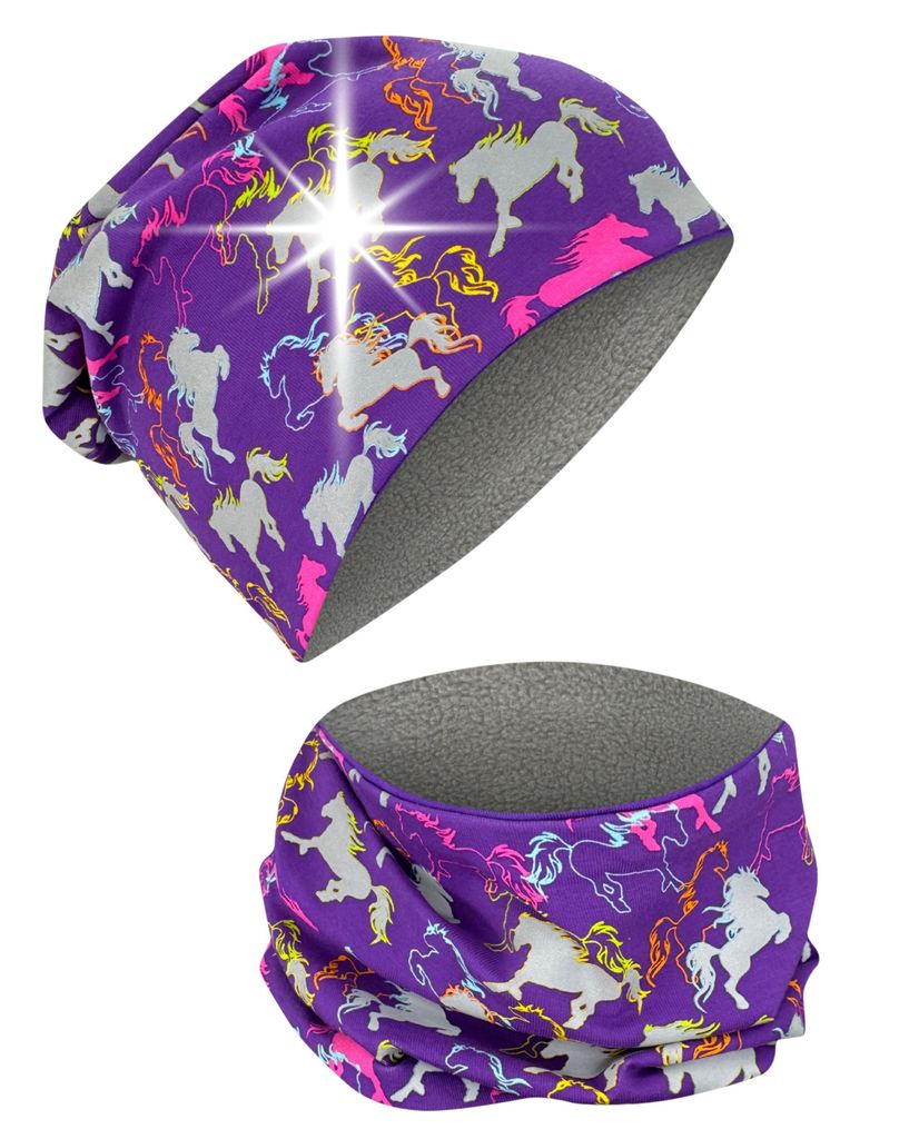 HECKBO 360° Reflektor Kinder Mütze & Loop Schal Set - 95% Baumwolle - weiches & pflegeleichtes Stretch-Material - Beanie Frühling Herbst Winter