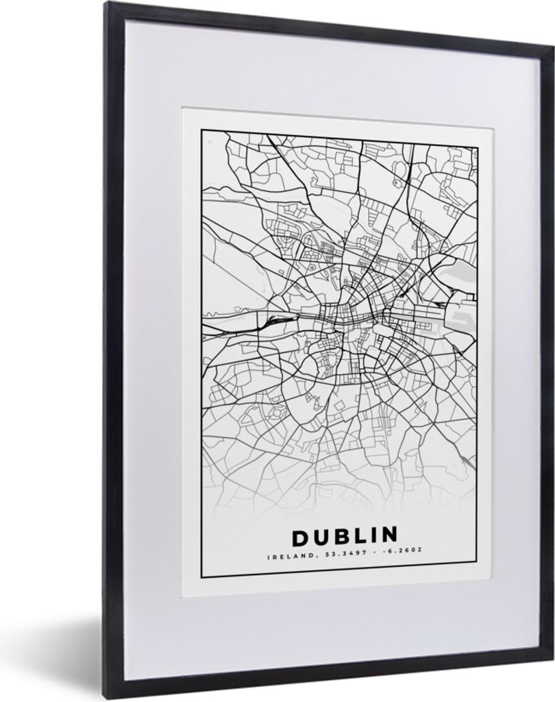 MuchoWow Gerahmtes Poster Dublin - Stadtplan - Schwarz und Weiß - Karte 30x40 cm - Poster mit Schwarzem Bilderrahmen Wandposter Rahmen Foto Bild...