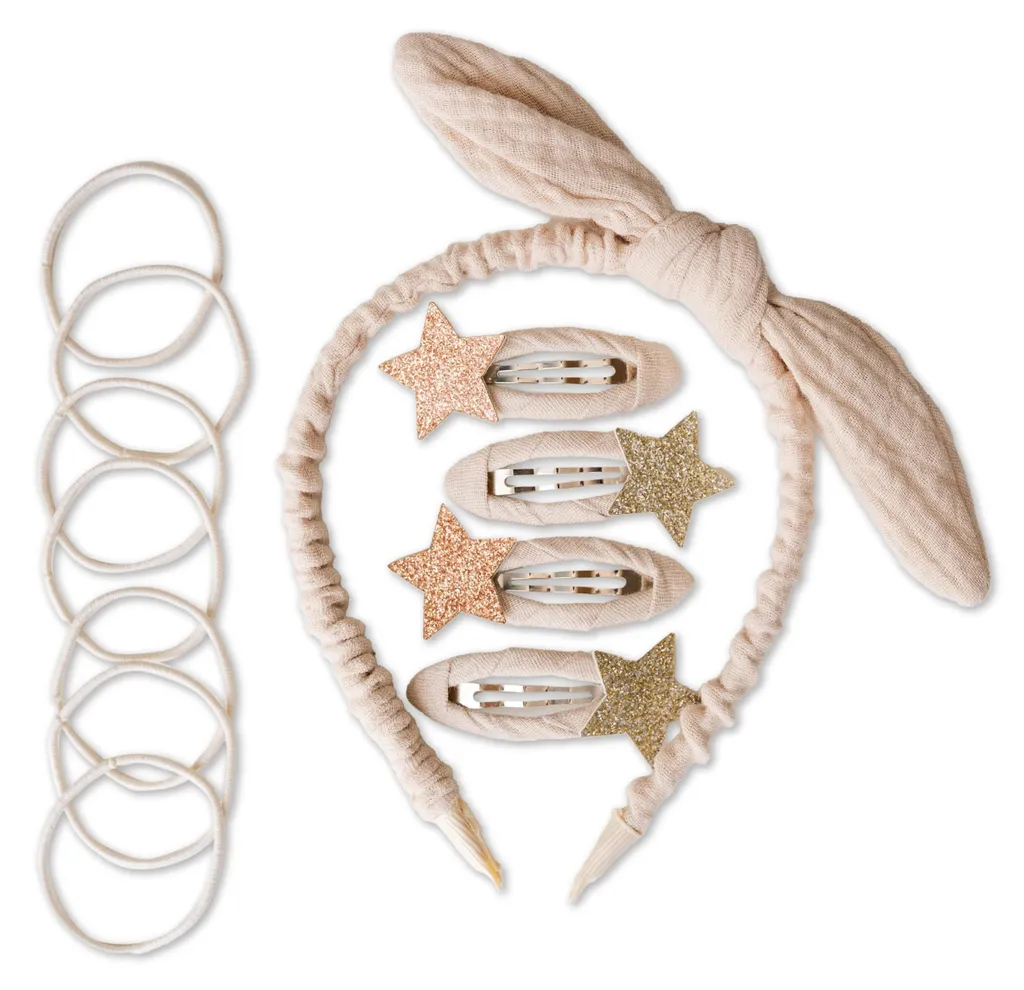 Accessoires cheveux en mousseline beige et barrettes pailletées premium