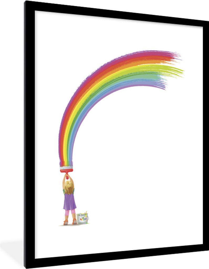 MuchoWow Gerahmtes Poster Eine Illustration eines Mädchens, das einen Regenbogen malt 60x80 cm - Poster mit Schwarzem Bilderrahmen Wandposter Ra...