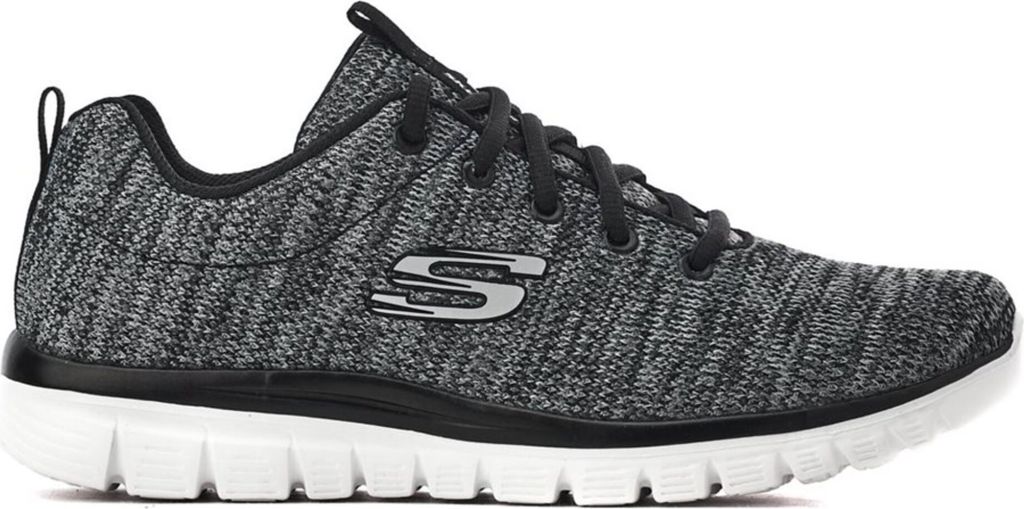 A side view of a black and gray Skechers shoe.