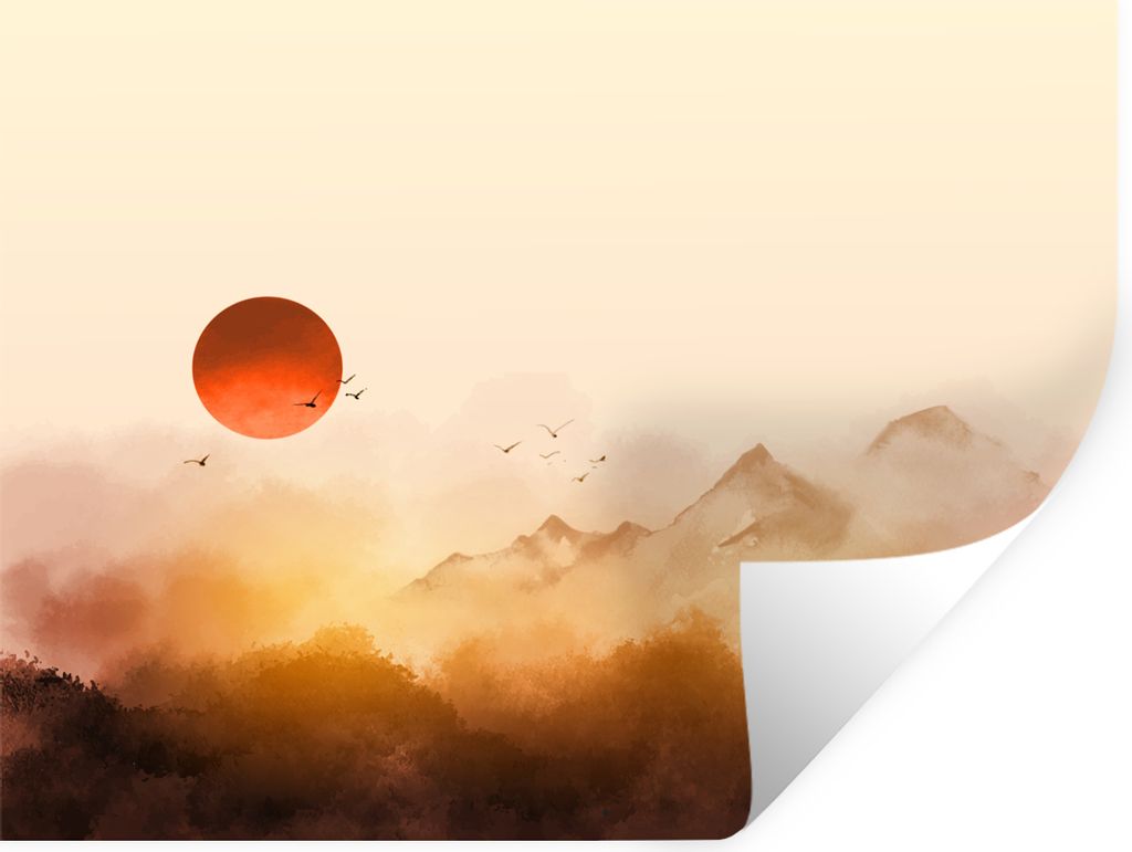 MuchoWow Wandtattoo Wandsticker Wandaufkleber Malerei - Sonne - Landschaft - Vögel 120x90 cm Selbstklebend und Repositionierbar - Aufkleber