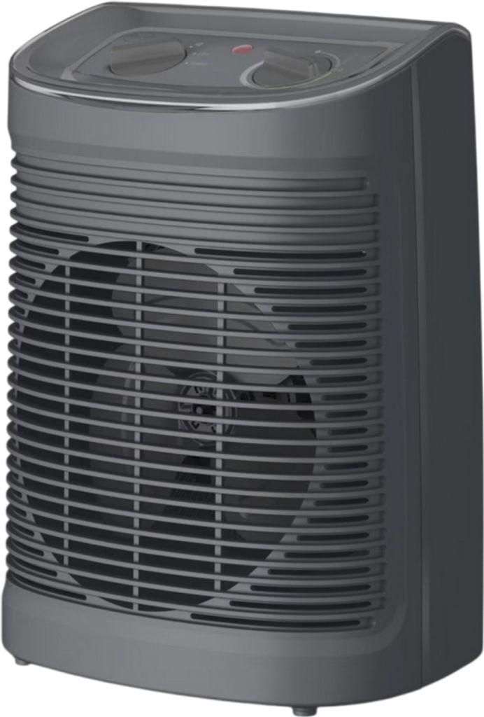 A gray portable electric heater with a fan.