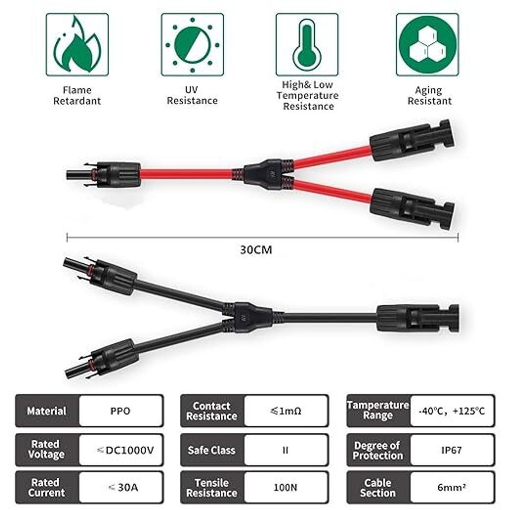 thumbnail: GTIWUNG 1 Paar Zonnekabels, Y-verdeler Zonnepaneel-kabel MMF+FFM Voor Parallelle Fotovoltaïsche Aansluiting (1 Rood + 1 Zwart) + 4 Paar Zonnepaneelstekkers, Zonnepaneel-kabelstekker, Fotovoltaïsche