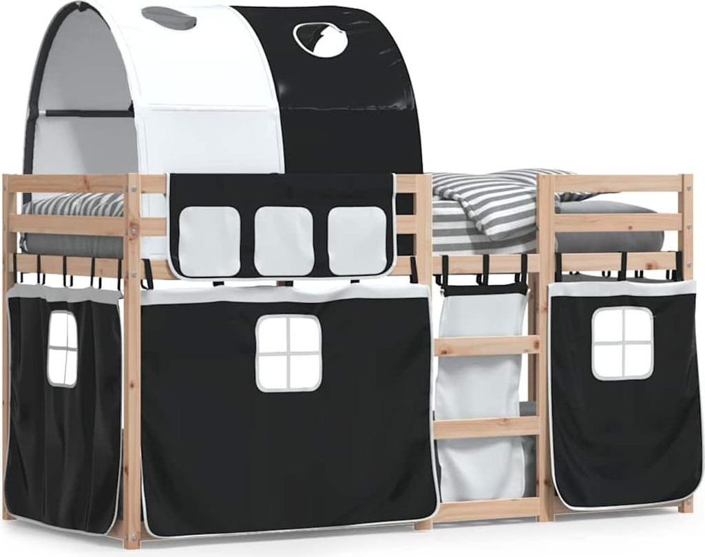 vidaXL Etagenbett mit Vorhängen Weiß & Schwarz 75x190 cm Kiefernholz