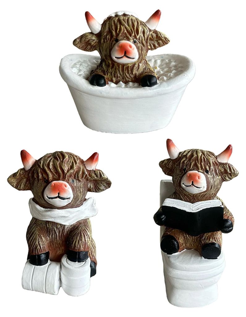 1/3-teilige Badezimmerfigur eines Hochlandrindes beim Baden, Lesen eines Buches, Toilettenpapier, Kunstharzstatue, Skulptur, Dekoration, Ornament, ...