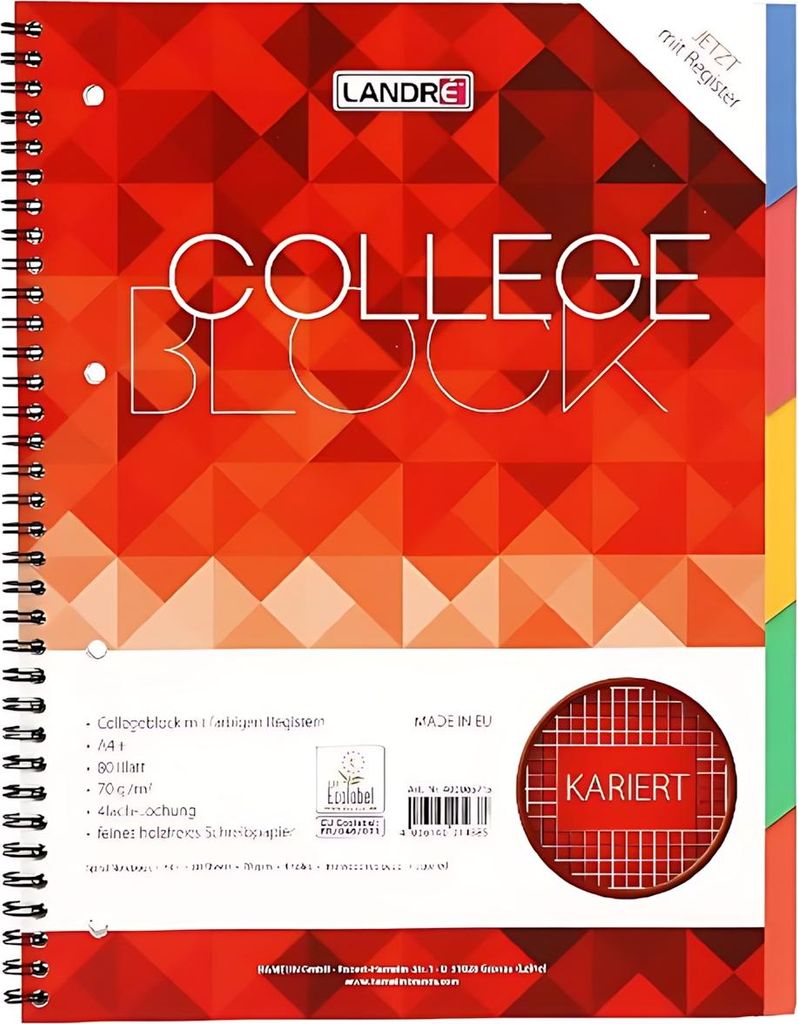 LANDRÉ Register Collegeblock "COLLEGE" DIN A4 kariert 80 Produktbild 