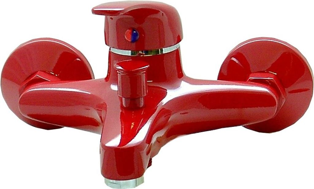 A red faucet for a bathtub.