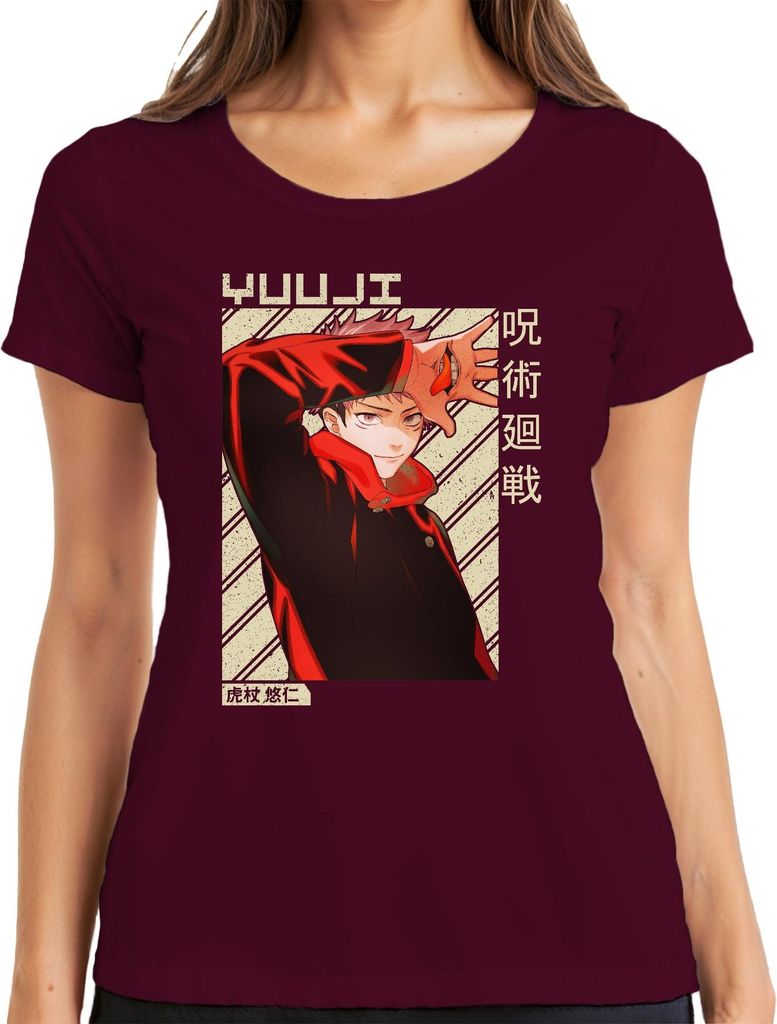 Yuji Itadori Jujutsu Kaisen Anime Fan Geschenk Rot Vintage Damen T-Shirt, Burgundy, XXL