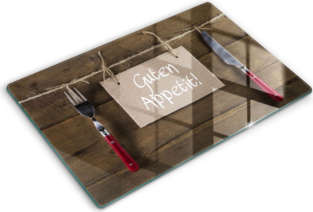 Glasschneideplatte - Herdabdeckplatte - 80x52 cm -Schneidebrett - Spritzschutz -Boards Inschrift Guten Appetit