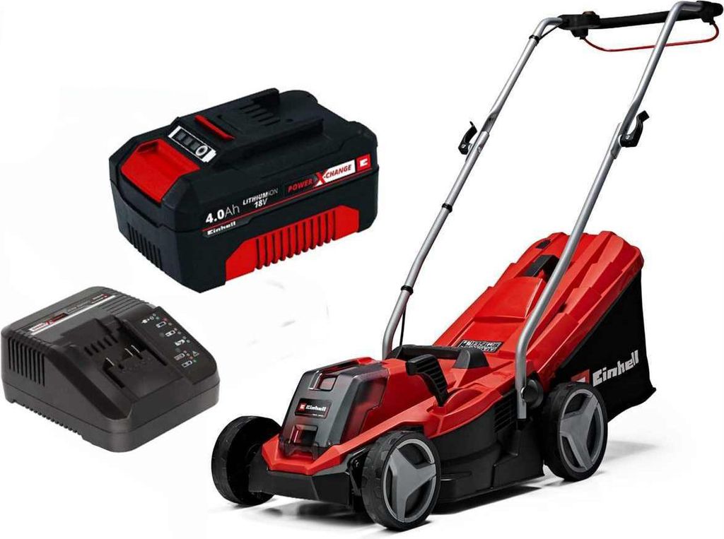 A red and black Einhell lawnmower with a battery and charger displayed on a white background.