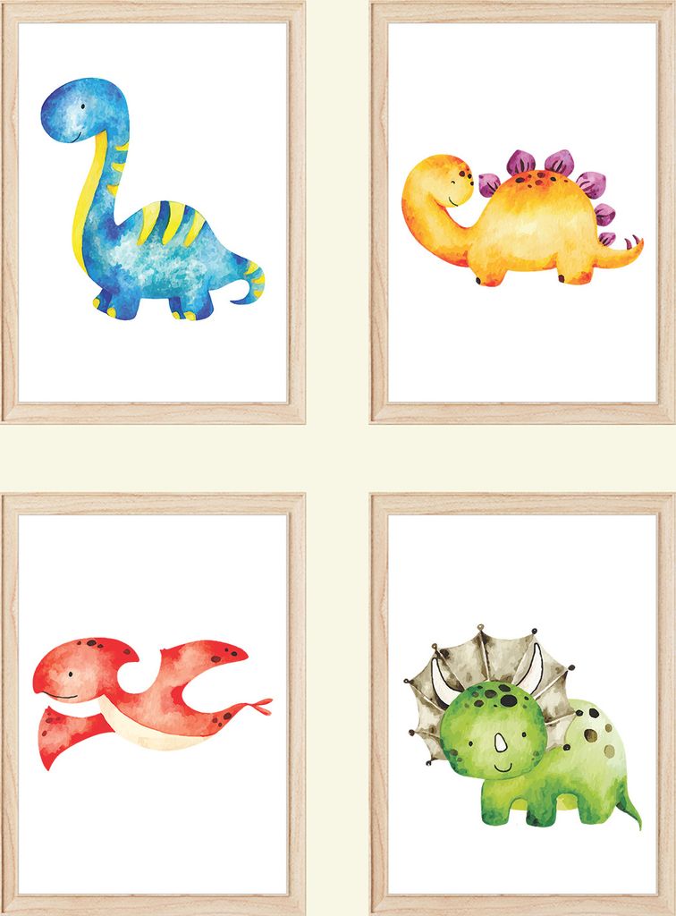 Dinosaurier 4er Set Kinderzimmer Bilder DIN A4 Poster Babyzimmer Dino Wandbilder Dekoration