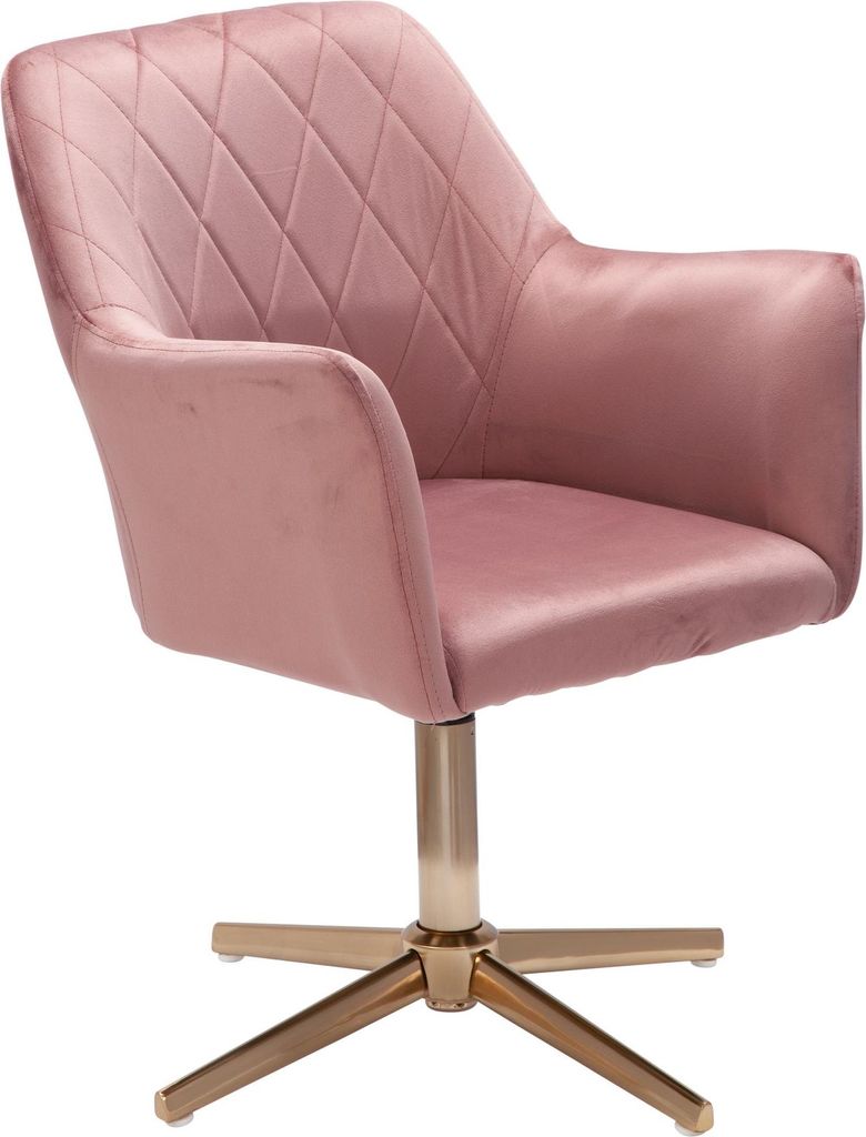 Schreibtischstuhl Rosa Samt, drehbar und höhenverstellbar mit gestepptem Rückenteil, Gesamtansicht.