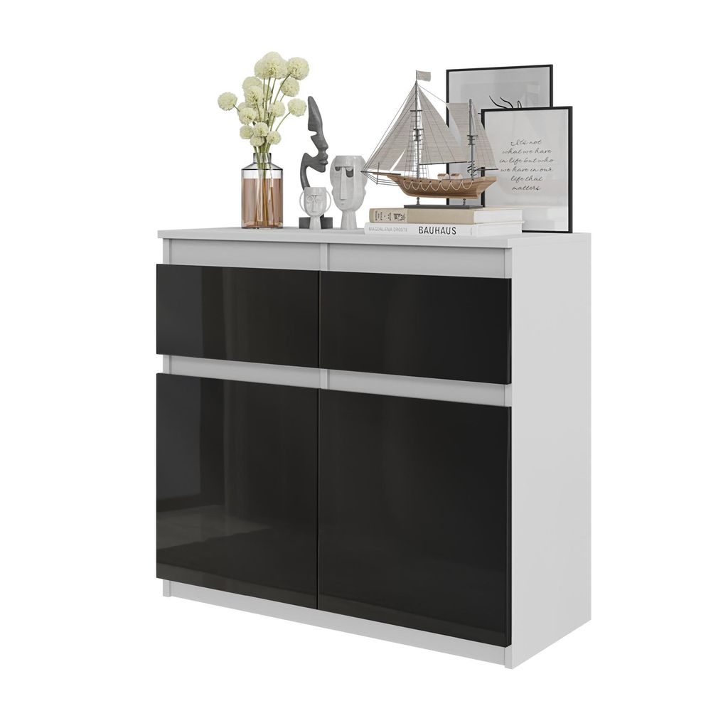 Kommode Noah – Weiß Matt / Schwarz Hochglanz, 2 Schubladen, 2 Türen, 2 Einlegeböden, 80 cm – Sideboard für das Wohnzimmer