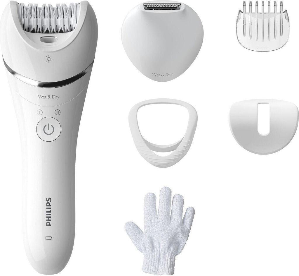 A white Philips epilator and its accessories are displayed against a white background.