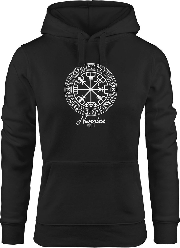 Hoodie Damen Wikinger Symbol Runen Wegweiser Kapuzen-Pullover Frauen Neverless schwarz S