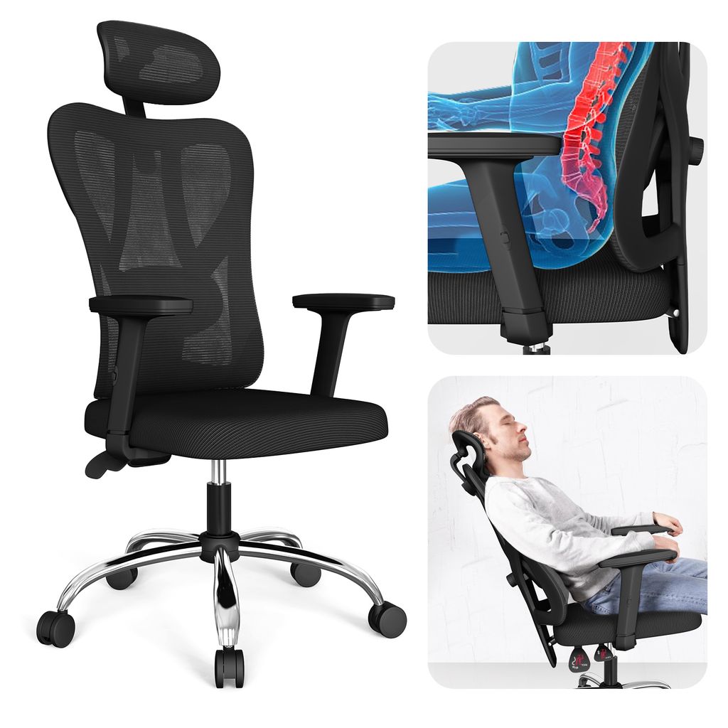 Bürostuhl Ergonomisch Schreibtischstuhl mit Umklappbare Armlehnen Lordosenstütze Drehstuhl Chefsessel 150kg