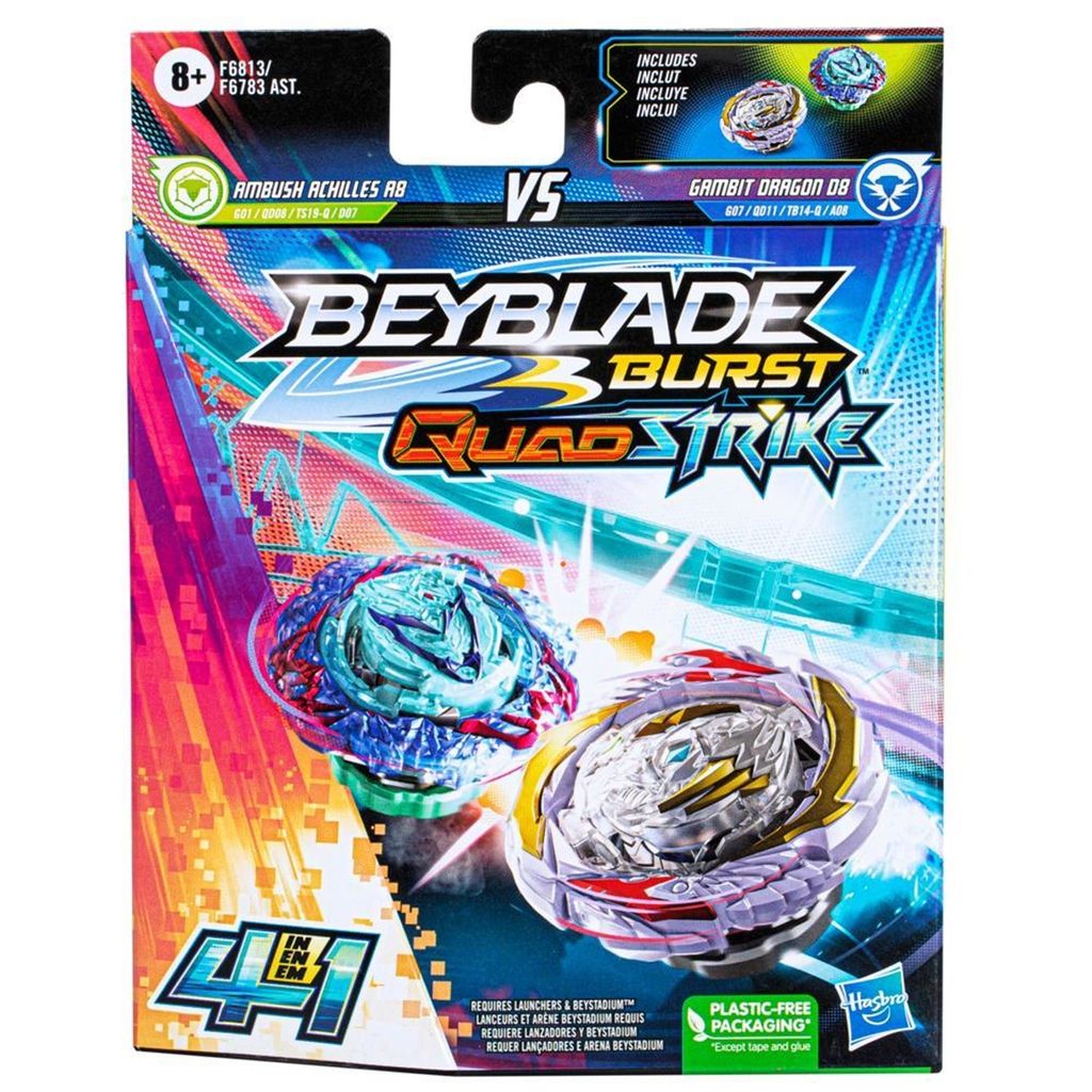 Hasbro F6813, Beyblade Burst QuadStrike Gambit Dragon D8 vs Ambush Achilles A8 Dual Pack, 4 in 1 Kampfkreisel