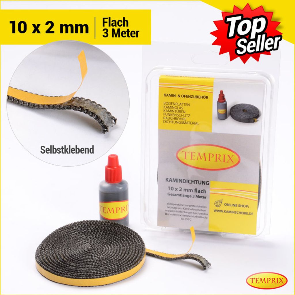 Temprix Kamindichtung & Ofendichtung 10 x 2 mm - 3 Meter inkl. Kleber | feuerfeste Ofenschnur, Kaminschnur & Dichtband bis 650°C temperaturbestän...