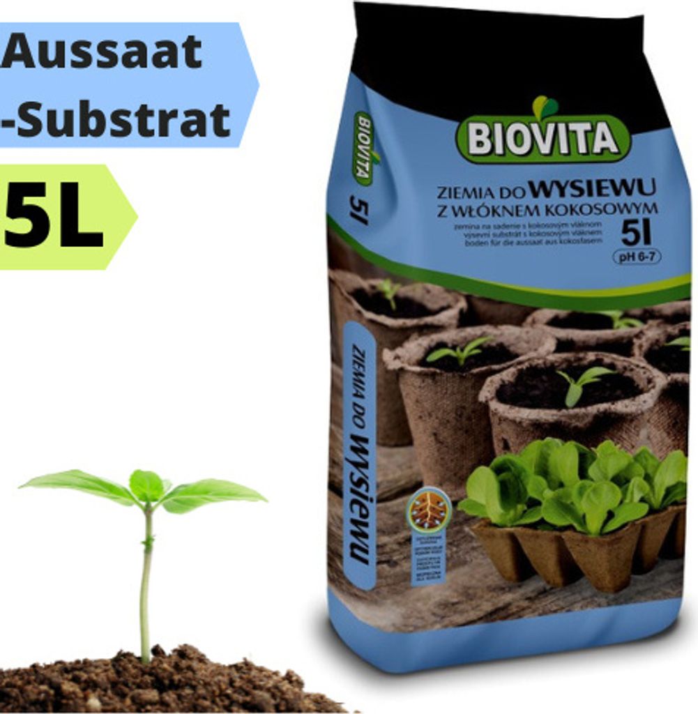A bag of BIOVITA brand soil for sowing seeds, with a seedling in the foreground.