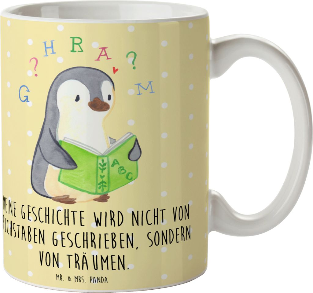 Mr. & Mrs. Panda Kaffeebecher Pinguin Legasthenie - Gelb Pastell - Geschenk, Kaffeetasse, haferl, Trinkbecher, Becher, Rechtschreibstörung, Teetas...