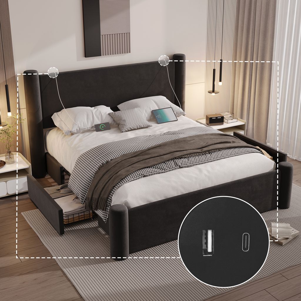 LVHOM Polsterbett mit USB und 2 Schubladen, Doppelbett 160x200cm, Jugendbett mit Lattenrost, Samtbezug Holzbett gepolstert, Schwarz