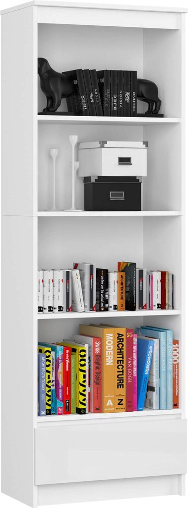 Regal mit Schublade – Bücherregal – Standregal – CLP – 60 cm – Weiß / Hochglanz – Platzsparendes Design mit Schublade für Büro & Wo...