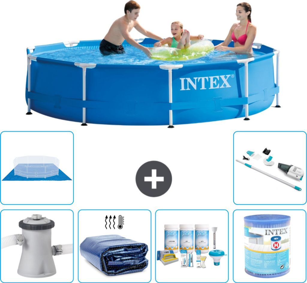 Intex Rundrahmen-Schwimmbecken – 305 x 76 cm – Blau – inklusive Pumpe Sonnensegel - Wartungspaket - Filter - Bodenplane - Staubsauger