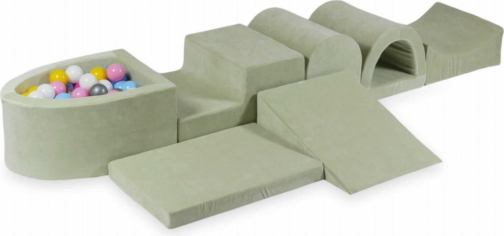 Größtes Schaumstoff-Spielset mit Mikro-Bällepool – Velvet Soft Lightmint + 100 Bällebadbälle / weiß, silber, puderrosa, gelb, babyblau